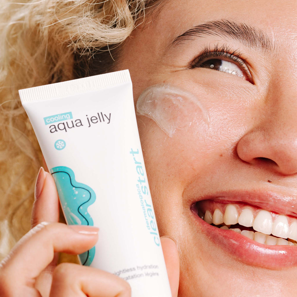 Woman applying a skincare product to her face with a close-up of the 'aqua jelly' tube.