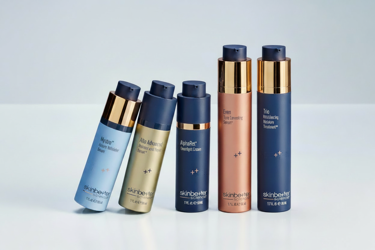 Set of SkinBetter Science products with blue and gold packaging on a light gray background