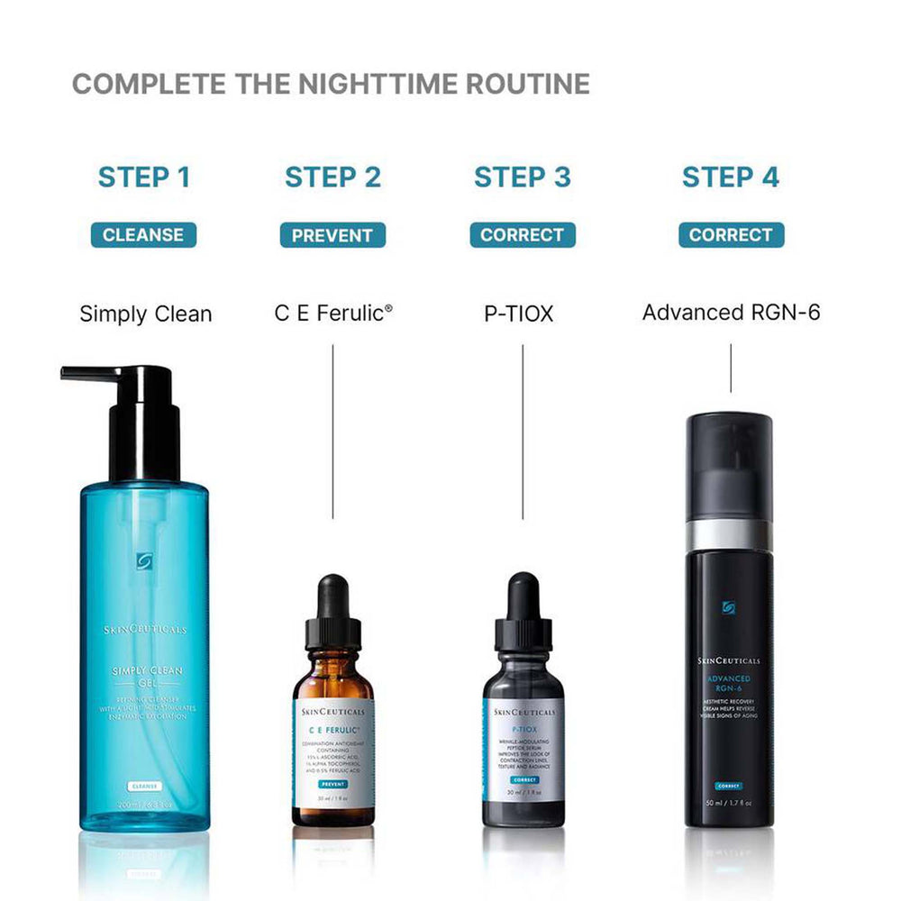 Four skincare products with labels for a nighttime routine on a white background