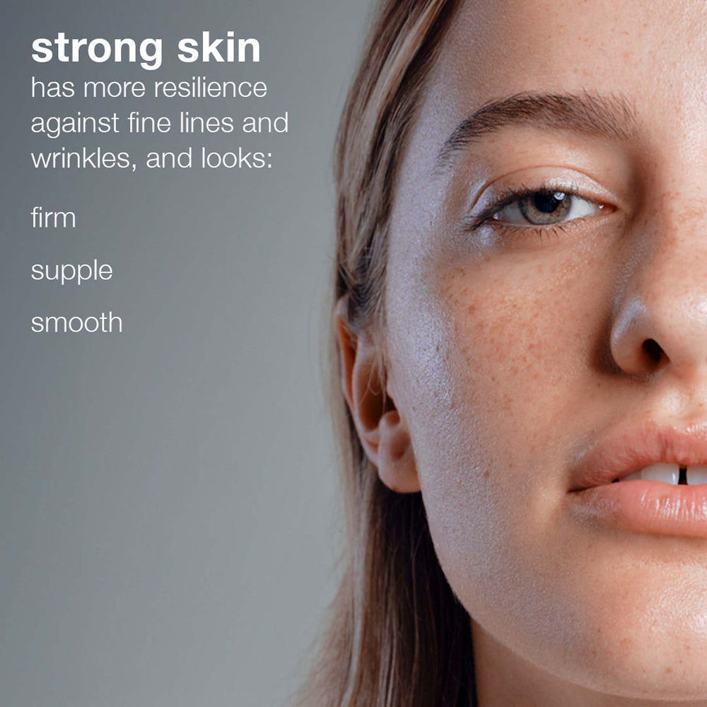 Close-up of a person's face with text about strong skin on a gray background