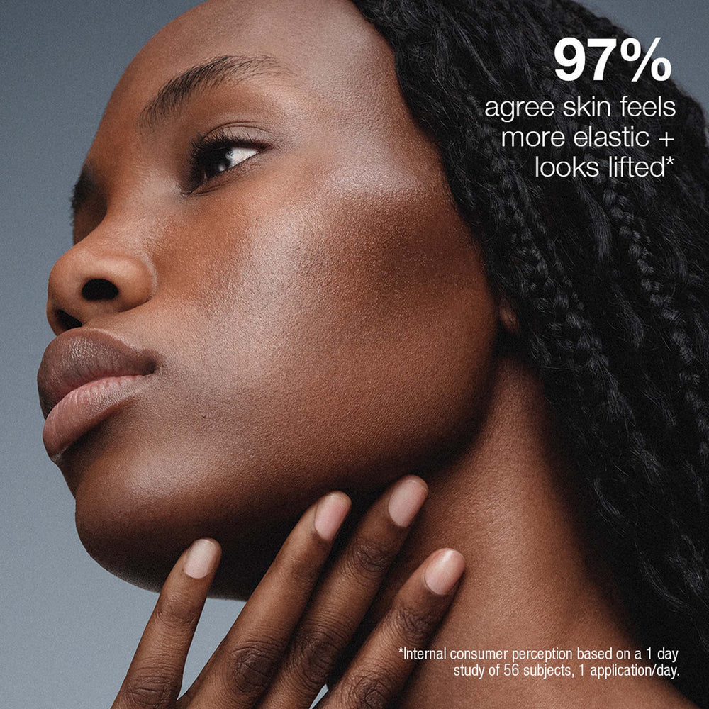 Woman with hand on neck, showing skin elasticity, with text about consumer perception of skin improvement.