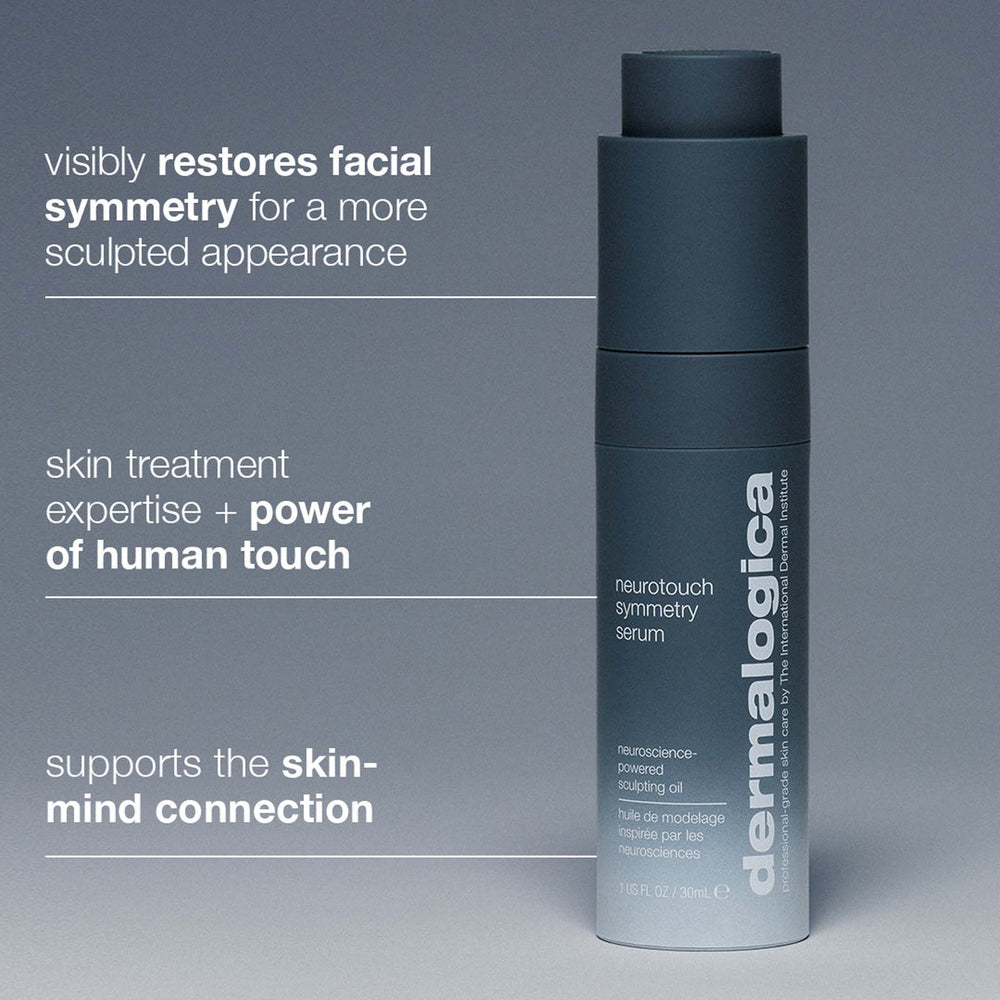 Dermalogica neurotouch symmetry serum bottle on a gray background with text about product benefits.