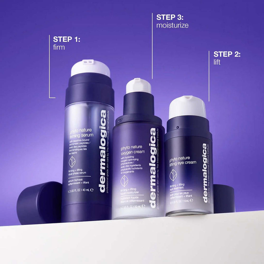 Three Dermalogica phyto nature skincare products on a purple background with step-by-step instructions.