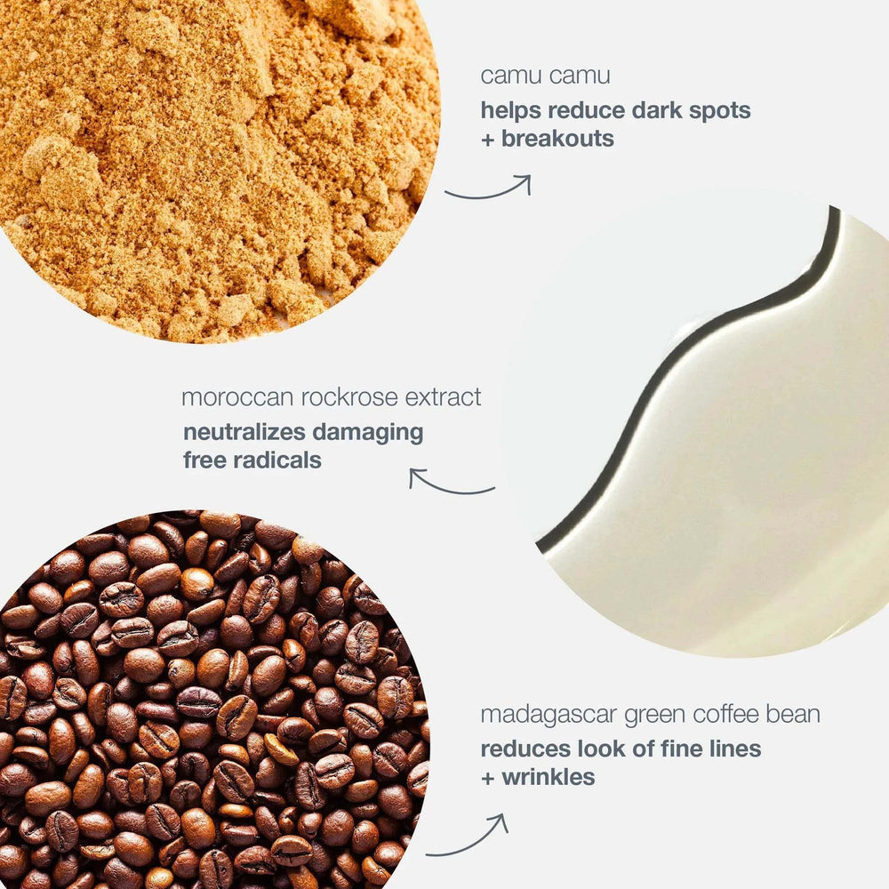 Cosmetic product with ingredients labeled: camu camu, moroccan rockrose extract, and madagascar green coffee bean.