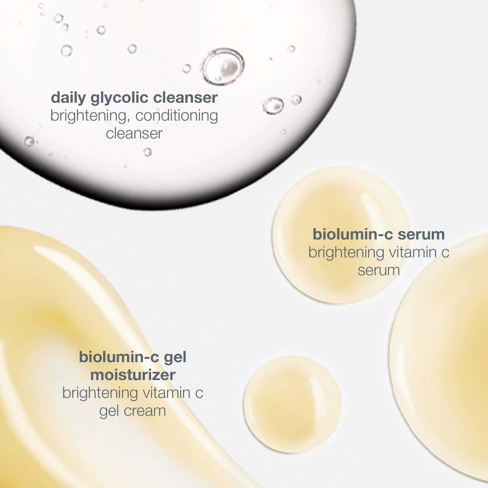 Skincare product droplets with labels on a light gray background