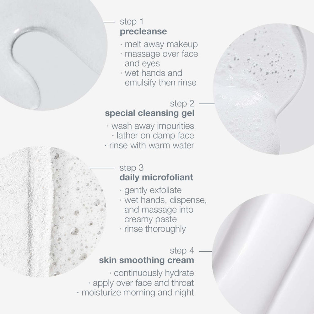 Cosmetic skincare routine steps with cleansing gel and microfoliant application on a white background.