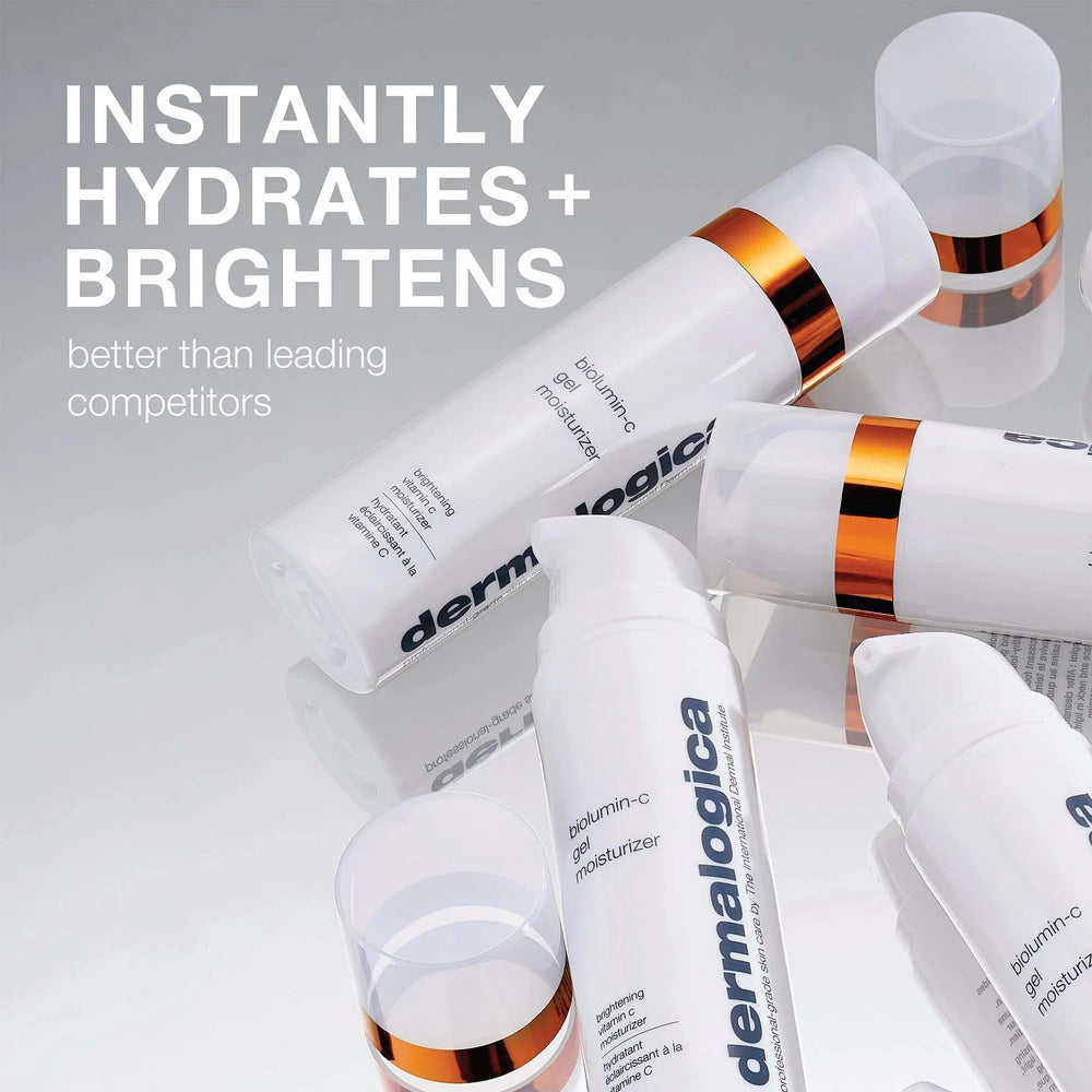 dermalogica biolumin-c gel moisturiser products with text highlighting hydration and brightness benefits on a light gray background.