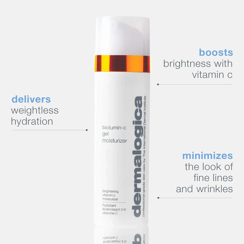 dermalogica biolumin-c gel moisturiser  with text highlighting benefits on a white background