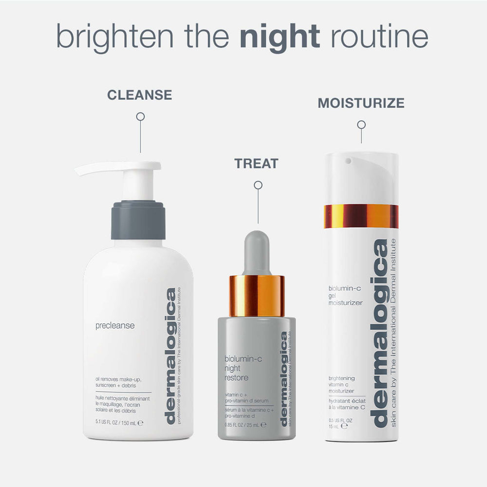 Dermalogica skincare products with labels for cleanse, moisturize, and treat on a white background.