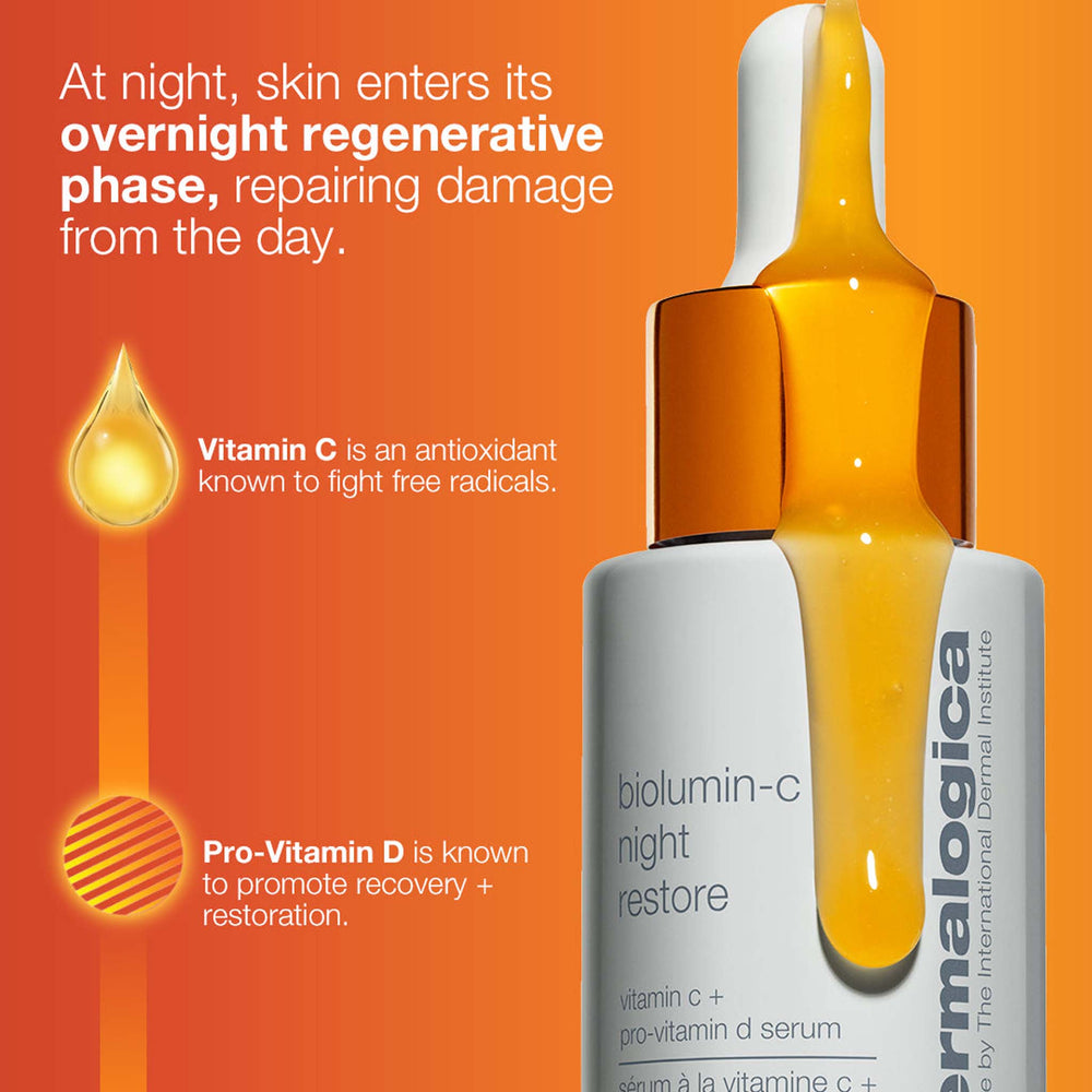 Dermalogica biolumin-c night restore serum bottle with text about skin regeneration and vitamin benefits on an orange background