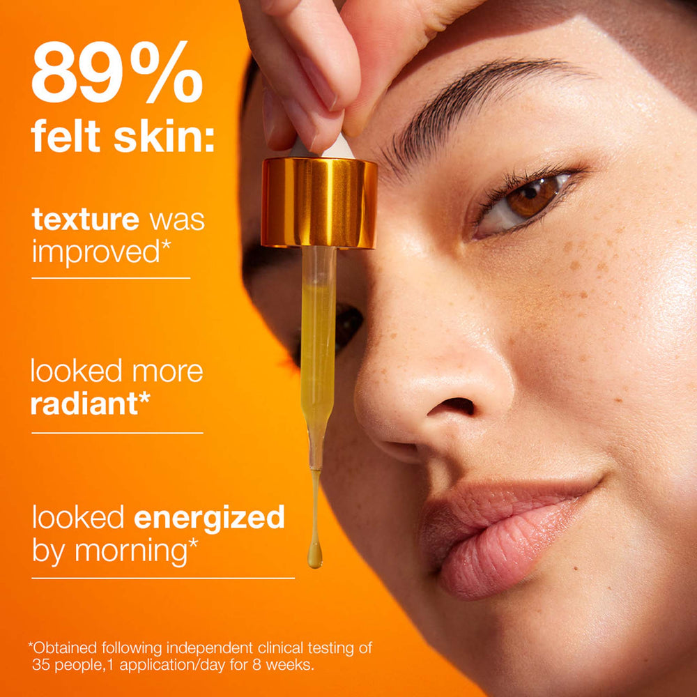 Close-up of a person applying a dropper to their face with text about skincare improvements on an orange background.