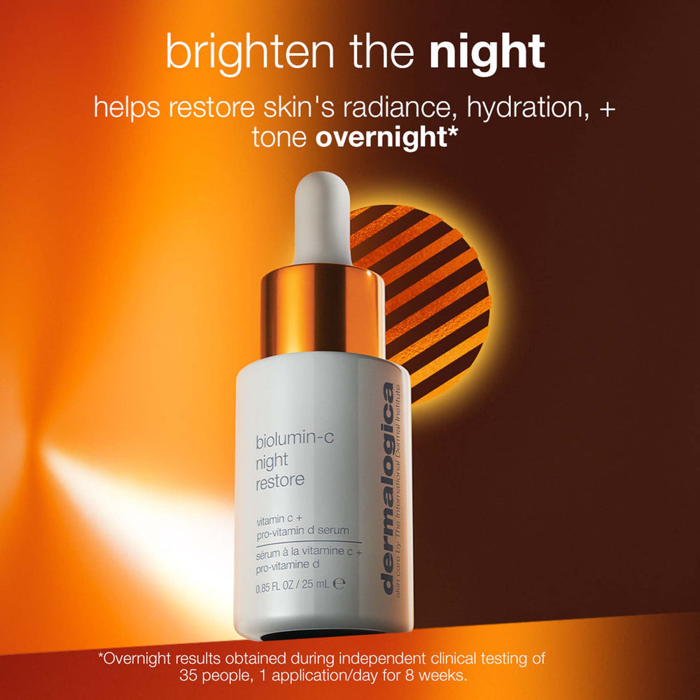 Dermalogica biominc-c night restore serum bottle with promotional text on an orange and brown background