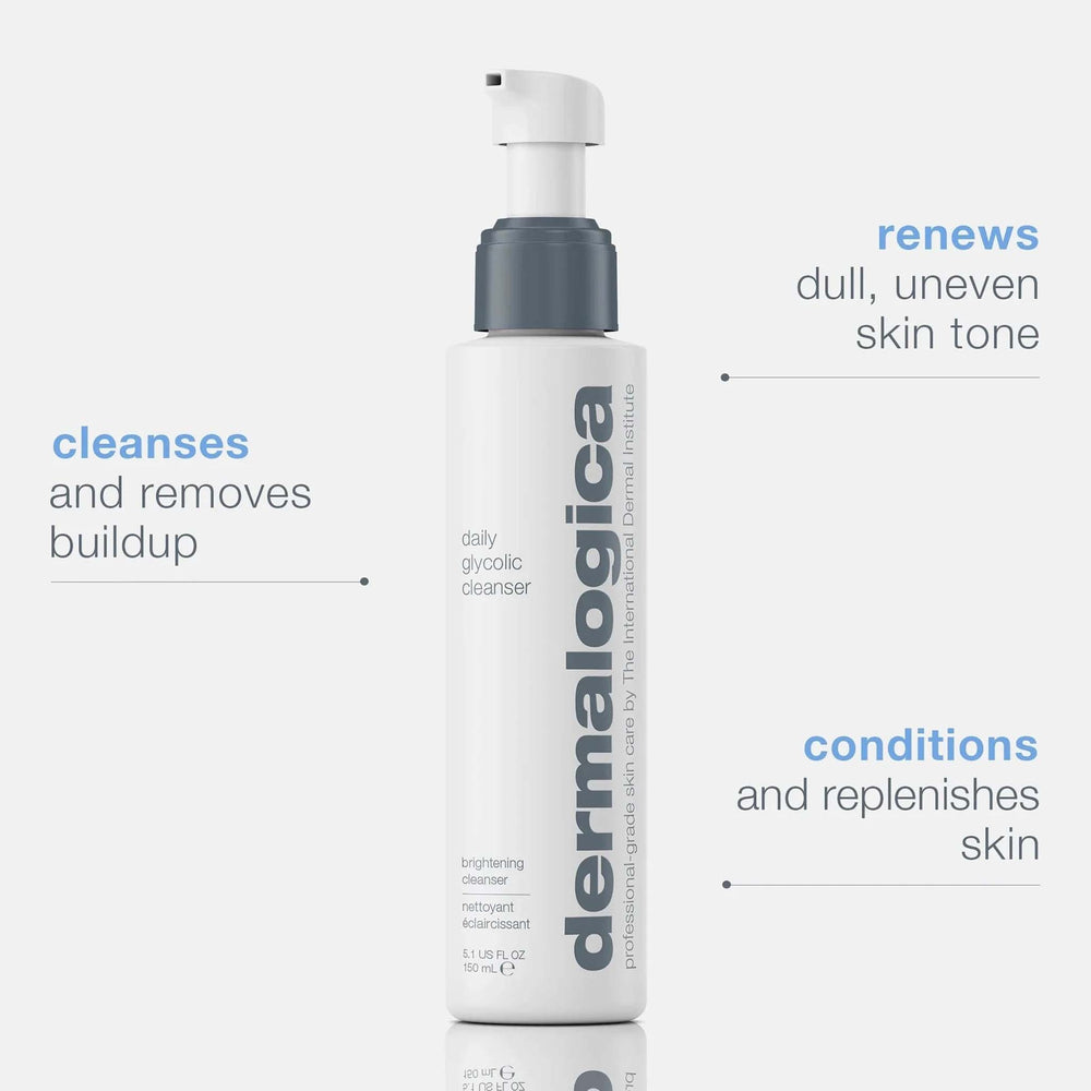 Dermalogica daily glycolic cleanser bottle with text on a white background