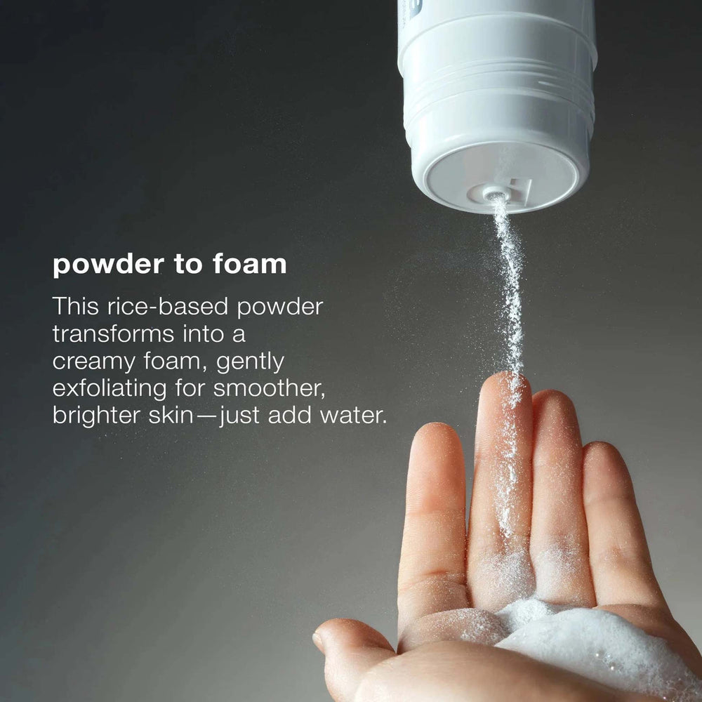 dermalogica daily microfoliant, rice-based powder being poured into a hand with text explaining its transformation into foam.