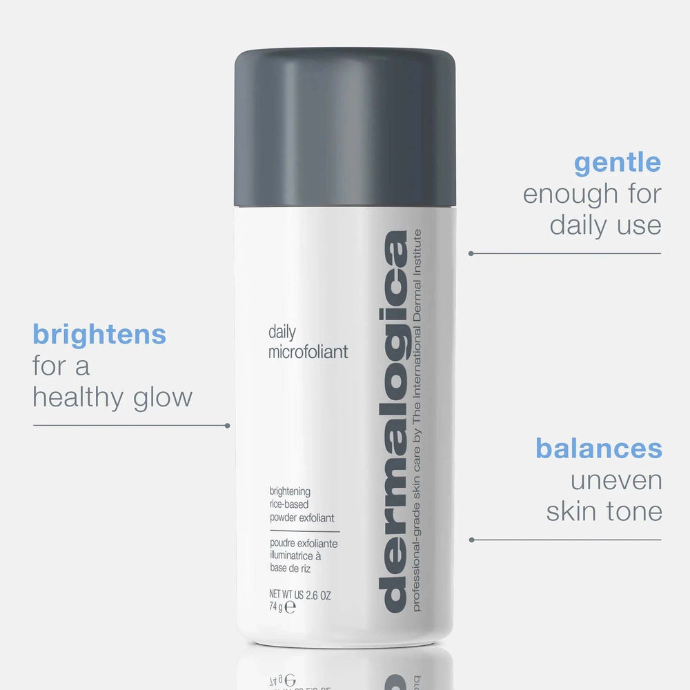 Dermalogica daily microfoliant bottle with text highlighting benefits on a white background