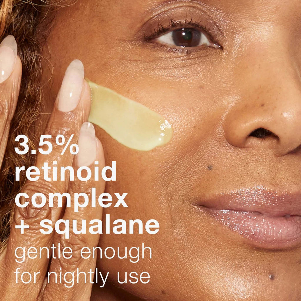 Woman applying dermalogica dynamic skin retinol serum with text about retinoid complex and squalane