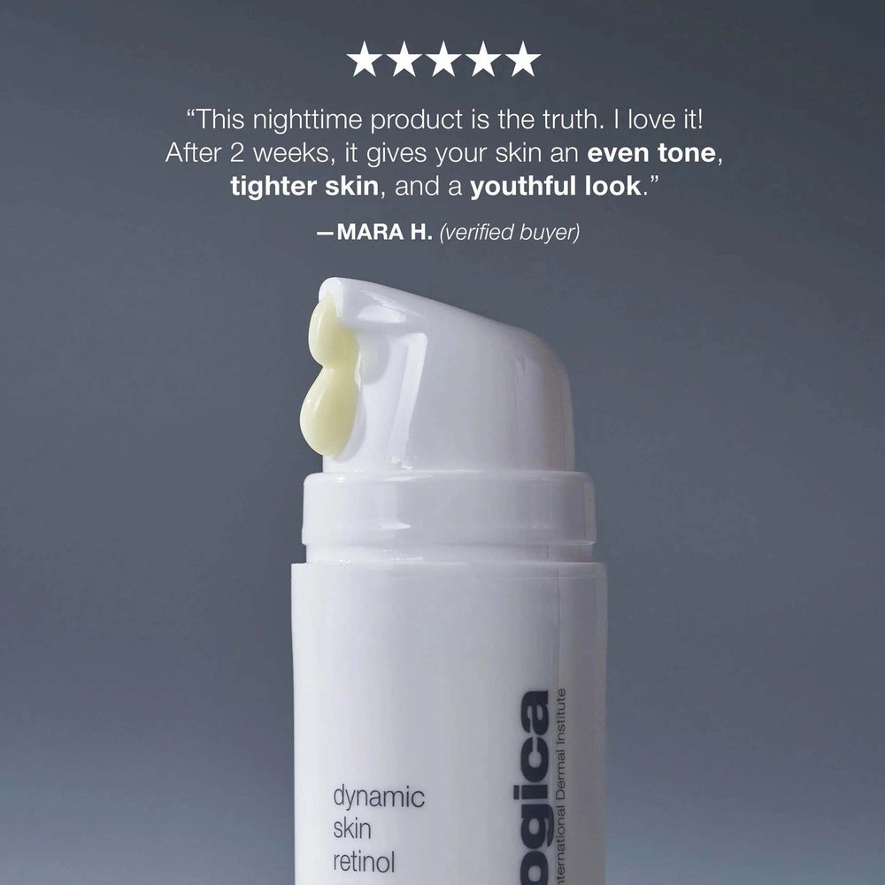 dermalogica dynamic skin retinol serum with a five-star rating and customer review on a dark background