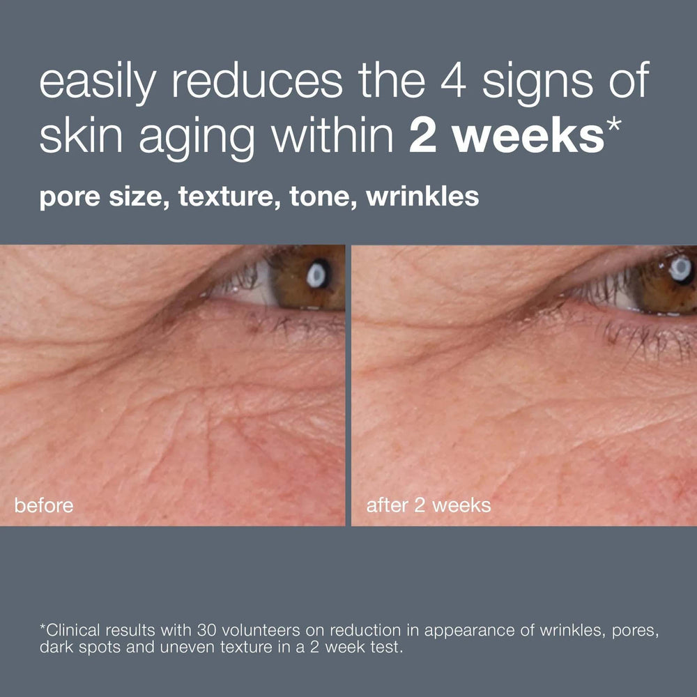Before and after comparison of skin aging signs with text on a gray background