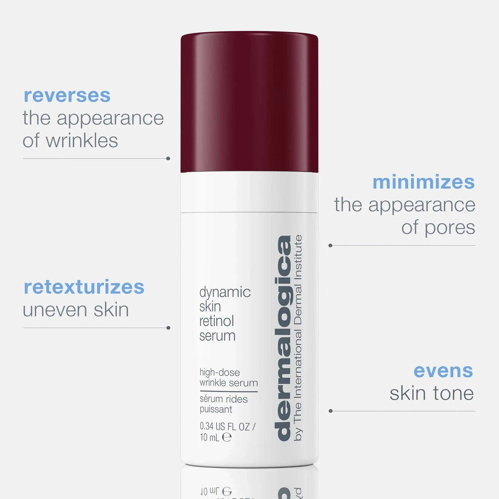 Dermalogica dynamic skin retinol serum bottle with text highlighting product benefits on a white background
