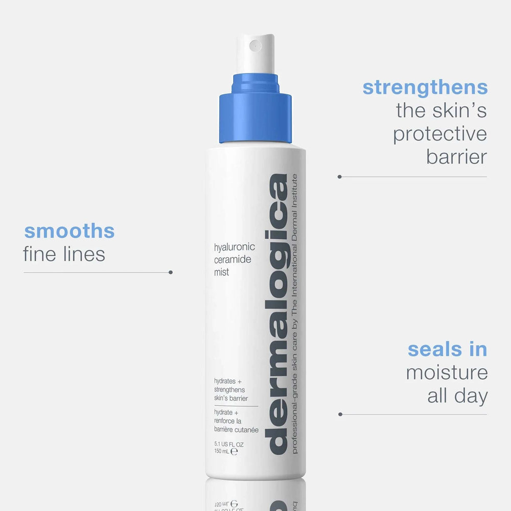 dermalogica hyaluronic ceramide mist with text highlighting its benefits on a white background