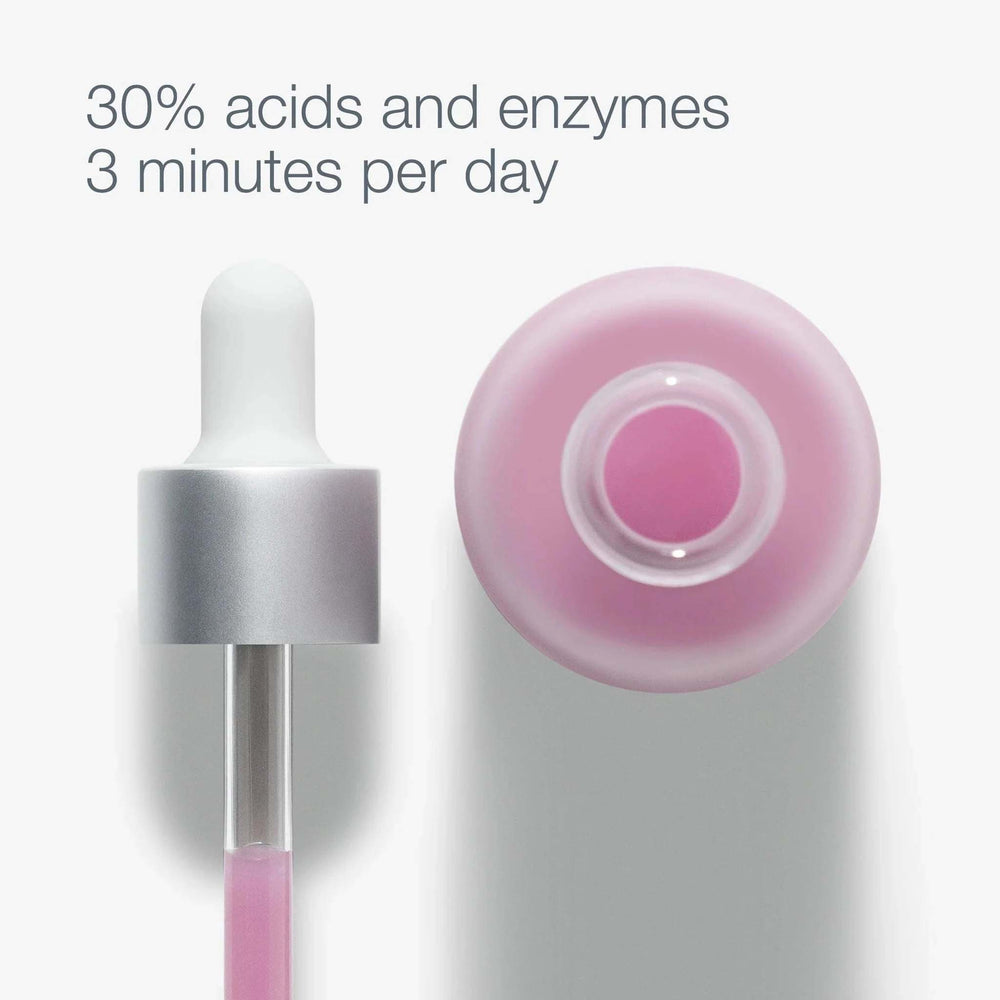dermalogica liquid peelfoliant with dropper and text about acid and enzyme usage on a light gray background