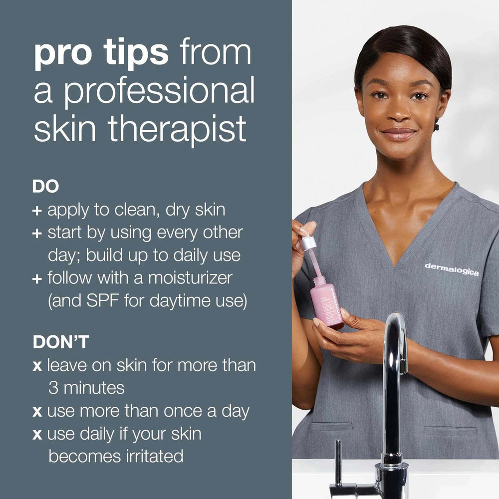 Skin therapist holding a dermalogica liquid peelfoliant bottle with text on pro tips and contraindications.