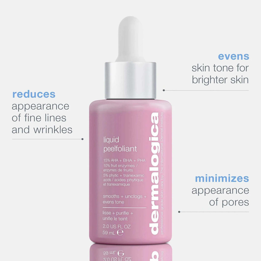 dermalogica liquid peelfoliant bottle with text highlighting benefits on a white background