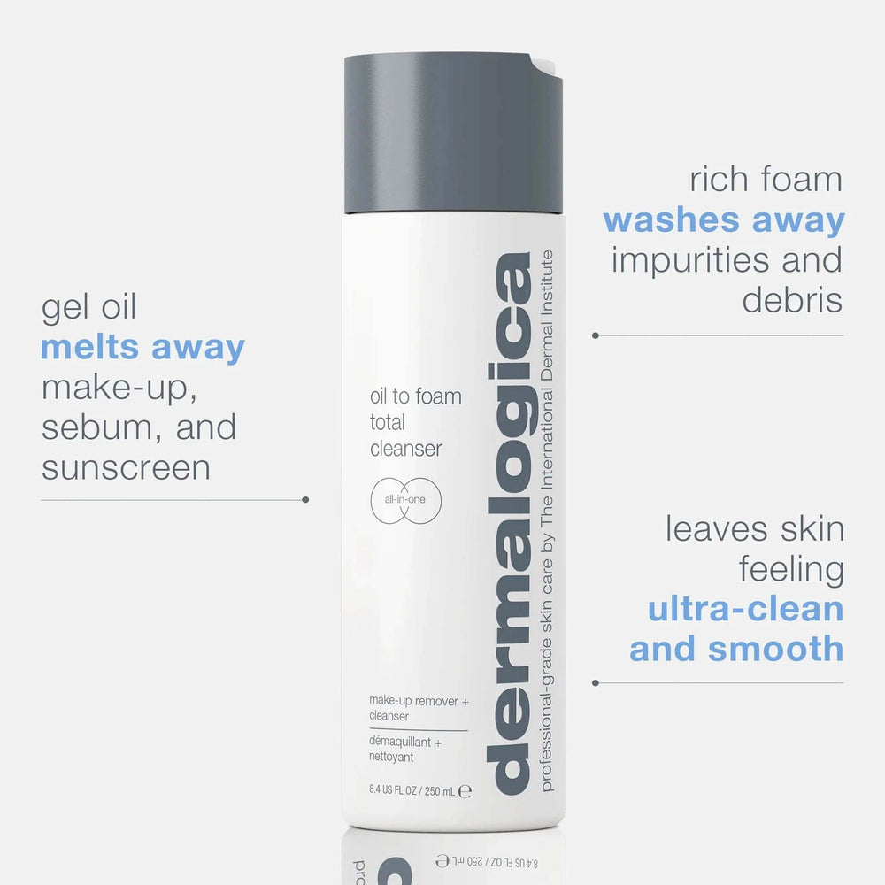 dermalogica oil to foam total cleanser with text highlighting product benefits on a white background