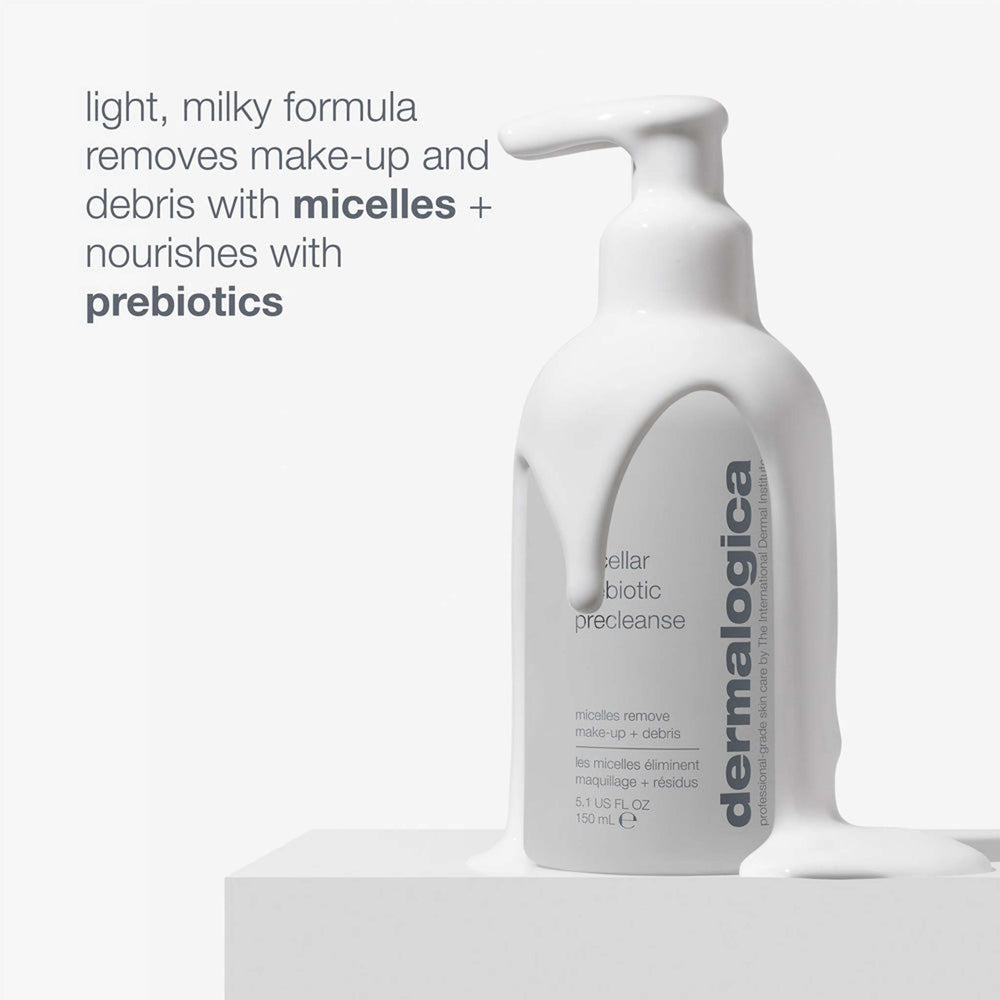 dermalogica micellar prebiotic precleanse  on a white background with product description text.