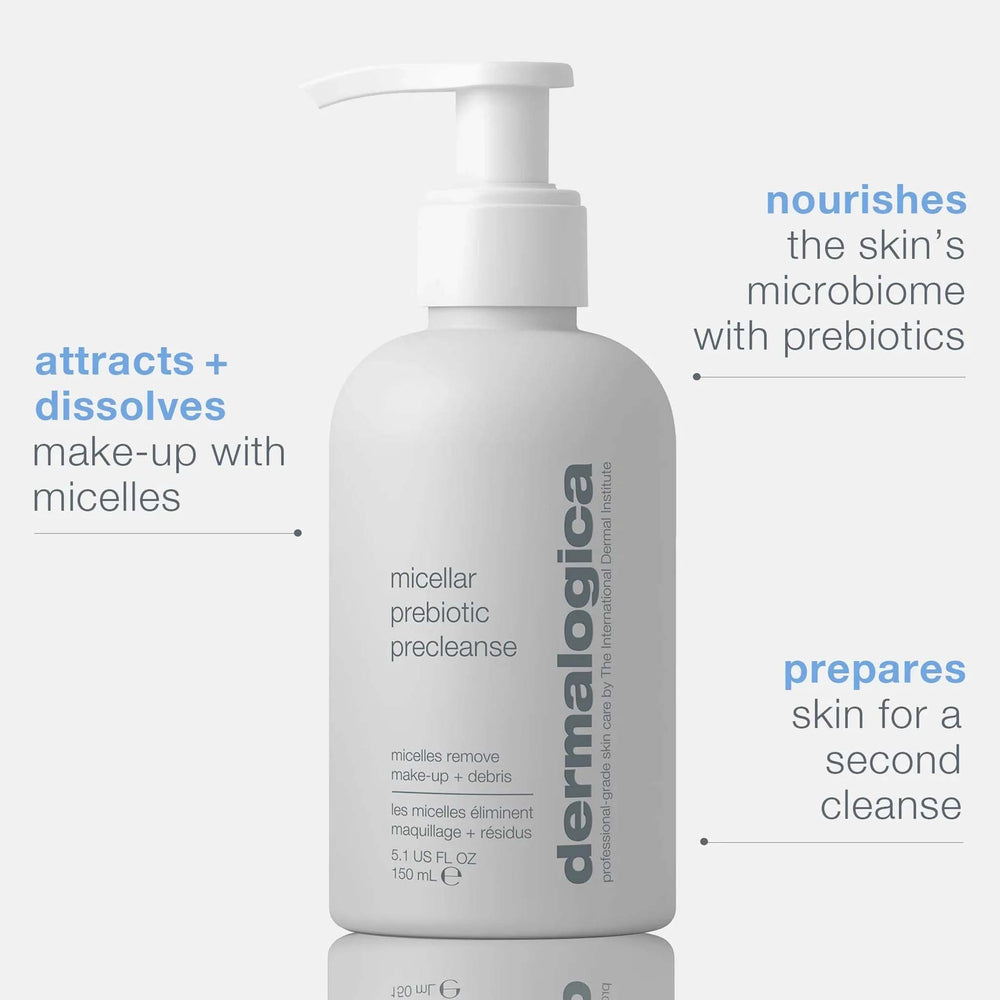 Dermalogica micellar prebiotic precleanse bottle with text on a white background