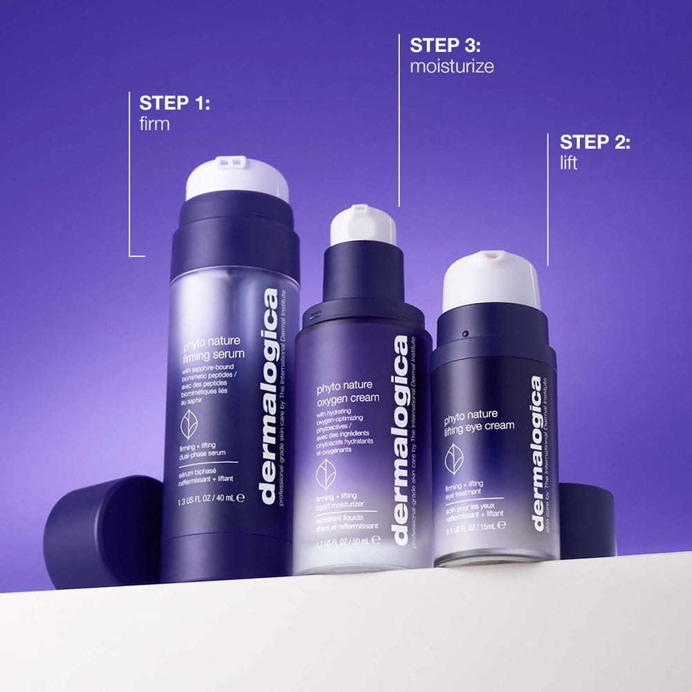 Three Dermalogica phyto nature skincare products with step-by-step instructions on a purple background