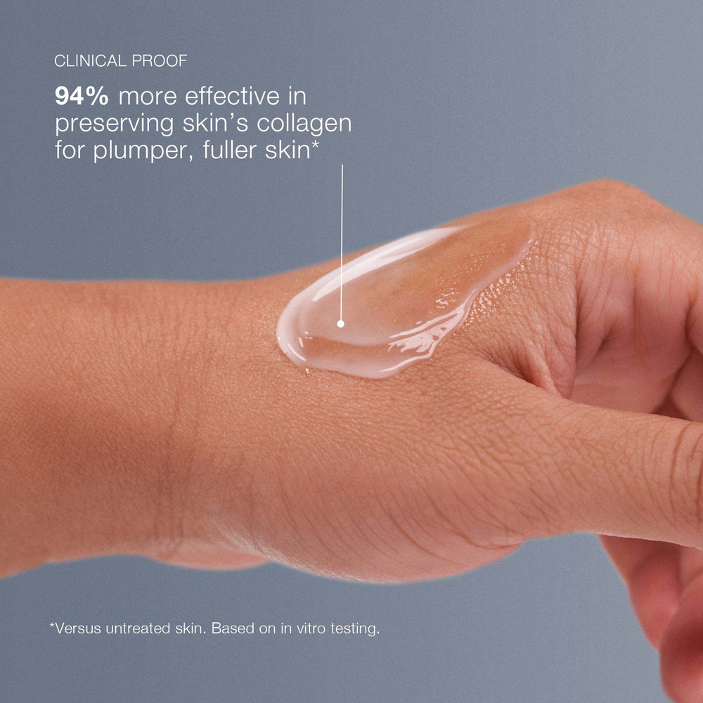 Hand applying dermalogica pro-collagen banking serum to wrist with text about clinical proof of effectiveness on skin collagen.