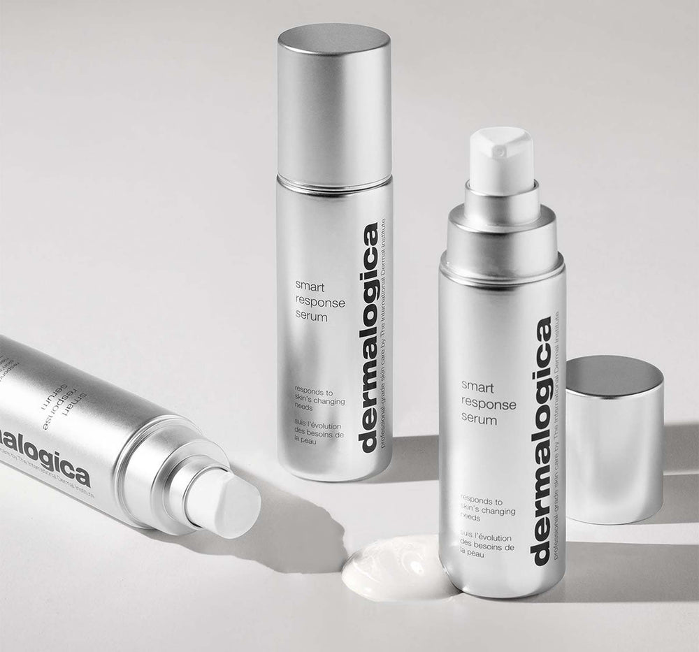 Dermalogica smart response serum bottles on a light gray background